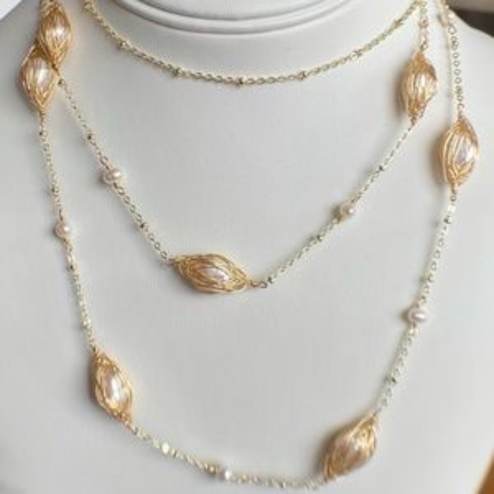 42" White Cultured Pearl Gold Chain Necklace 14K Yellow Gold Plate - Picture 4 of 11
